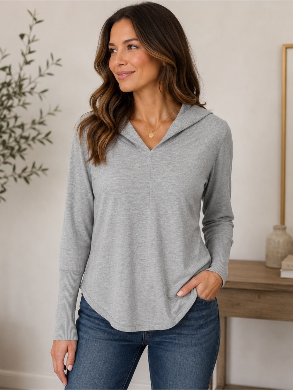 Chaser Gray Soft Hooded Hi Low Pullover Top Size M NWT